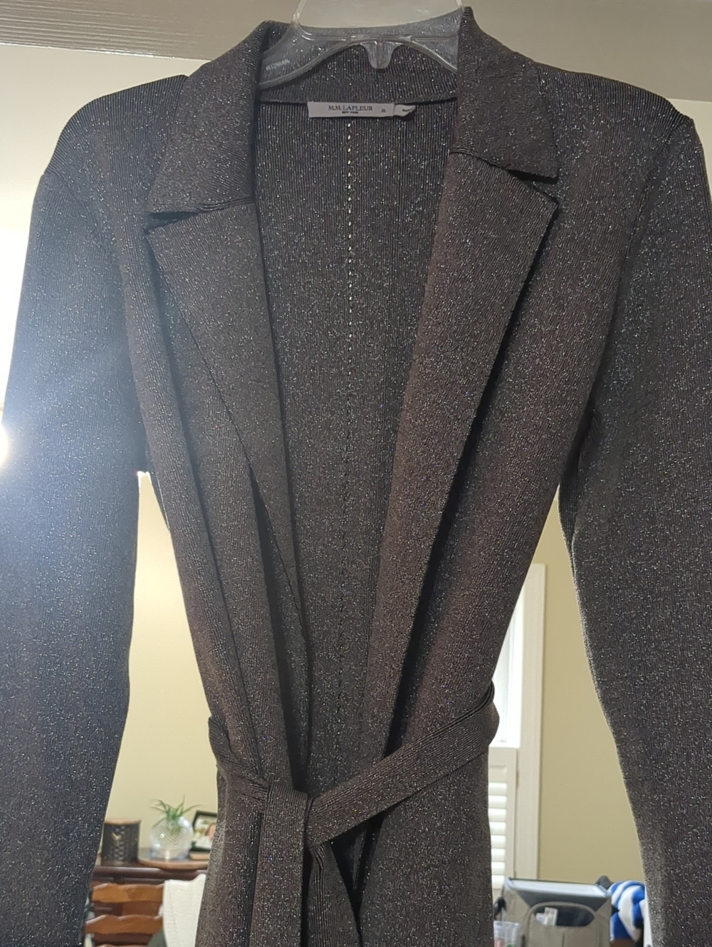 MM Lafleur Black Metallic Sparkle Belted Trench Coat